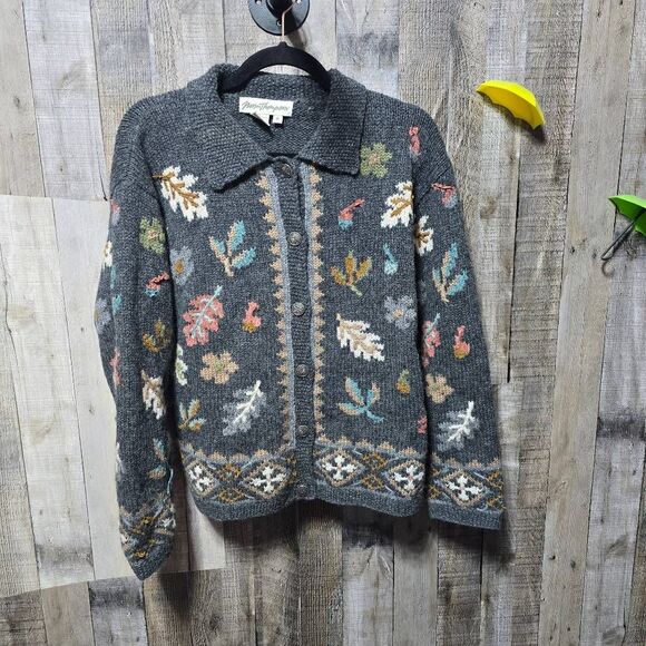 Norm Thompson Vintage Grey Leaf Fall Wool Sweater Cardigan - Picture 1 of 5